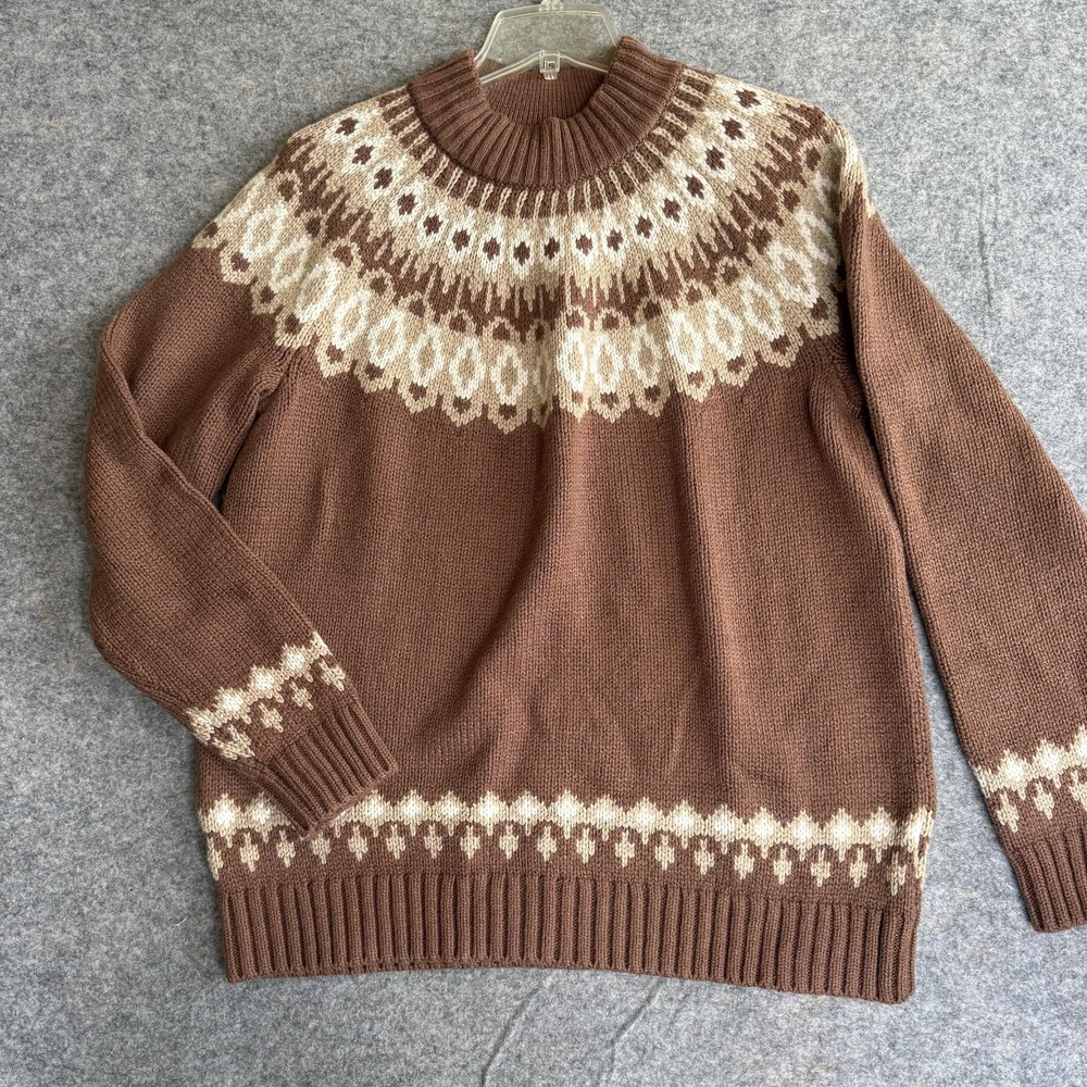Lands' End Sweater Womens L 14-16 Brown Fair Isle Knit Crewneck Pullover Winter